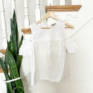 Democracy White Cotton Blend Cold Shoulder Round Neck Fringe Hem Top Size Medium
